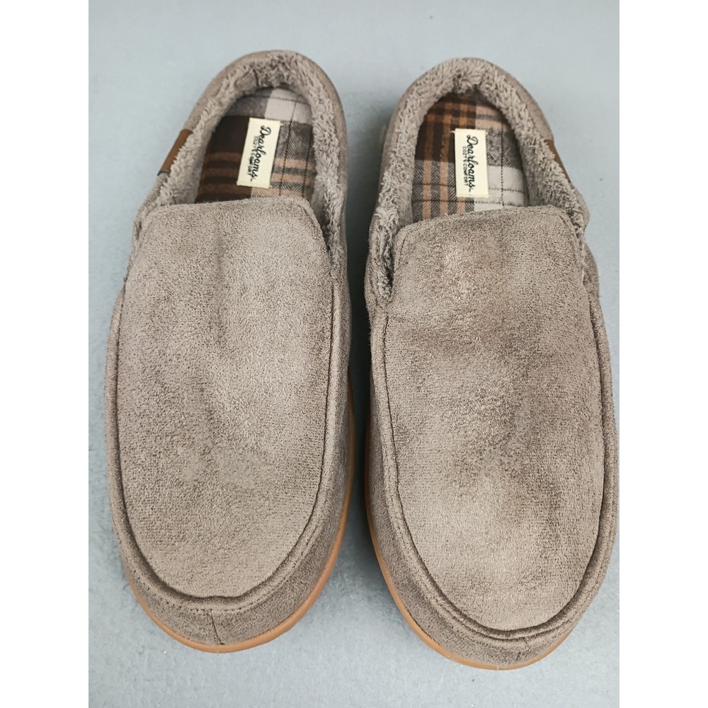 Dearfoams Mens Clog Slippers Taupe Brown Plaid Faux Fur Lined Size L 11-12